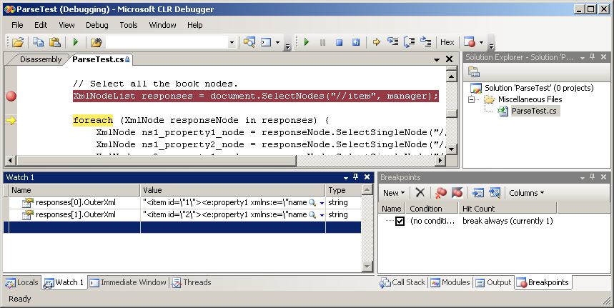Screenshot of Microsoft CLR debugger with example code running.